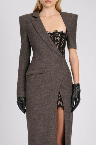 Asymmetric Lace Panel Blazer Long Dress