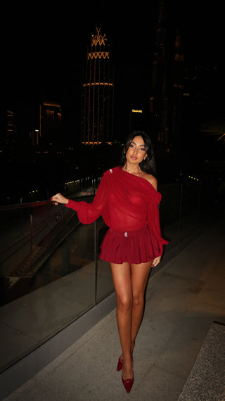 Elegant Long-Sleeve Oblique Shoulder Sheer Top and Skort Set