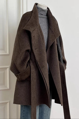 Belted Wool-Blend Coat with High Collar, Button Closure, and Relaxed Fit