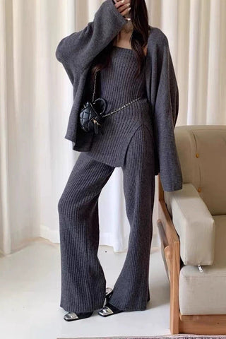 Comfy Ribbed Knit Three-Piece Cardigan, Top & Wide-Leg Pants Set