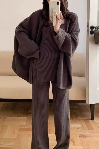 Comfy Ribbed Knit Three-Piece Cardigan, Top & Wide-Leg Pants Set