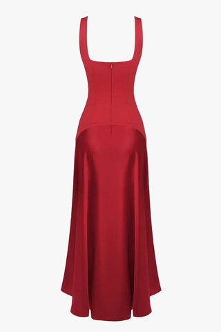 Square Neck Fitted Bodice Long Dress with Flared Satin Skirt