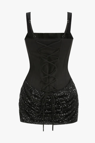 Flattering Sleeveless Corset Mini Dress with Ruched Sequined Detail and Sculpting Stretch Fit