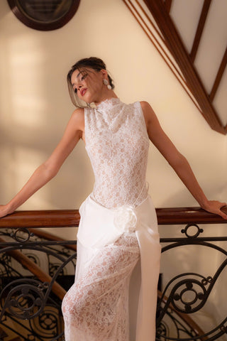 Sleeveless High Neck Lace & Draped Satin Rosette Long Dress