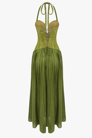 Lace Corset Halter Neck Pleated Long Dress with Lace-Up Back