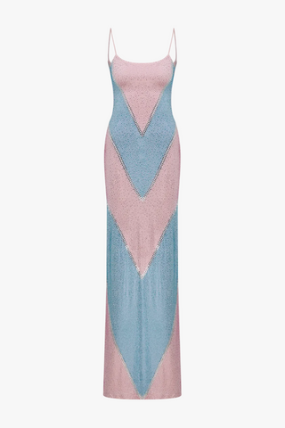 Rhinestone Embellished Colorblock Long Dress with Thin Straps