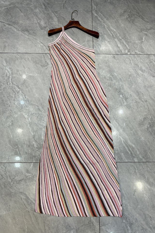Metallic Striped One-Shoulder Knit Long Dress