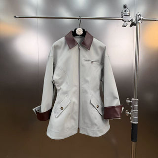 Contrast Faux Leather Collar Long Sleeve Tailored Zip-Up Jacket