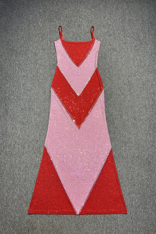 Rhinestone Embellished Colorblock Long Dress with Thin Straps