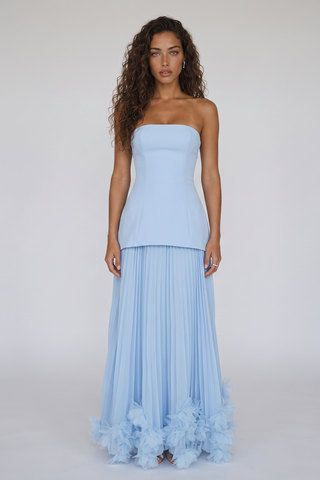 Strapless Lace-Up Corset Long Dress with Pleated Skirt and 3D Floral Trim