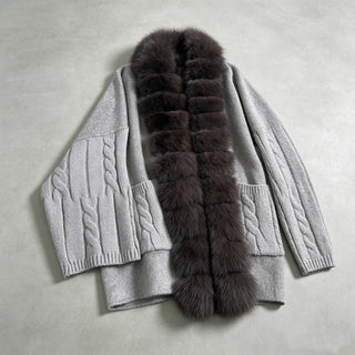 Faux Fur Trim Cable Knit Long Cardigan