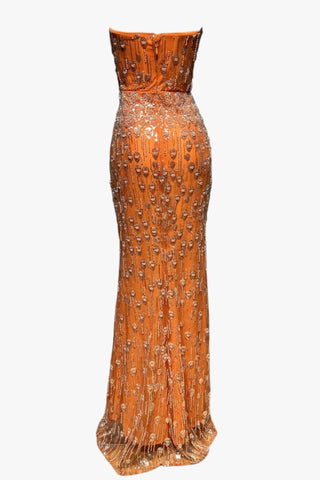 Pearl & Crystal Embellished Strapless Long Dress