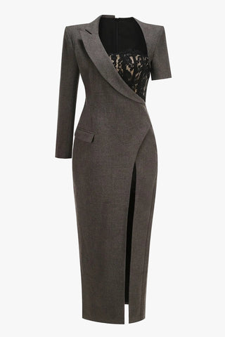 Asymmetric Lace Panel Blazer Long Dress