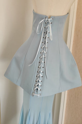 Strapless Crepe Peplum Corset Long Dress with Flowy Mesh Skirt