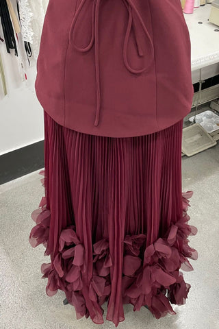 Strapless Lace-Up Corset Long Dress with Pleated Skirt and 3D Floral Trim