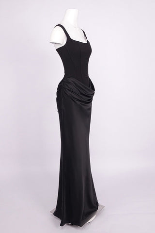 Structured Corset Draped Bodycon Long Dress with Wide Straps