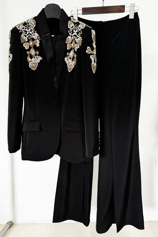Crystal Embellished Tailored Blazer and Wide-Leg Pants Set – Long Sleeve Formal Suit