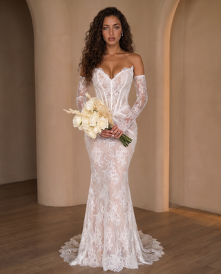 Floral Lace Corset Off-Shoulder Long Dress with Sheer Lace Sleeves