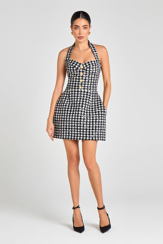 Tweed Halter Neck Button Mini Dress