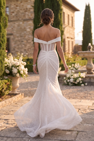 Off-Shoulder Sequin Draped & Ruched Long Evening Dress