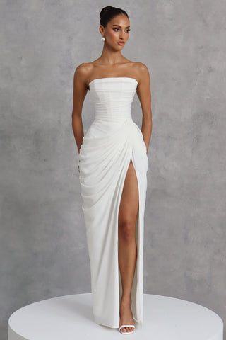 Strapless Ruched Long Dress with High Slit – Draped Waist & Smooth Fit