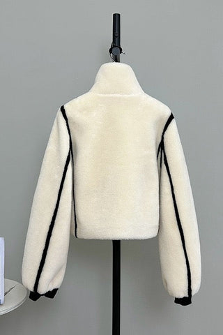 Plush Teddy Shearling Contrast Trim High-Neck Cropped Jacket