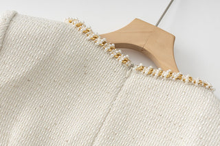 Pearl Trim Tweed Long Sleeve Square Neck Dress