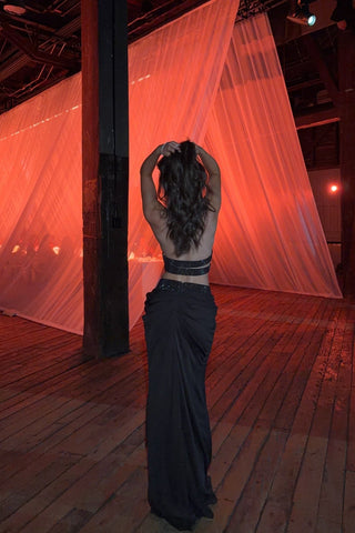Crystal Embellished Halter Cutout Crop Top & Draped High-Waist Long Skirt Set