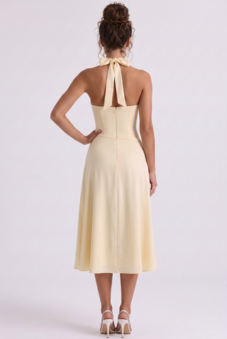 Halter Neck Midi Dress – Draped Waist & Open Back