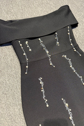 Off-Shoulder Crystal Embellished Long Dress with Back Slit – Sleeveless Fitted Evening Dress
