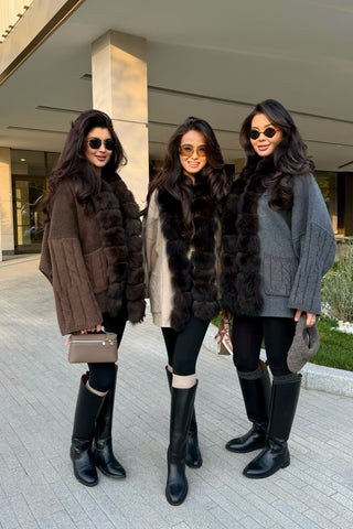 Faux Fur Trim Cable Knit Long Cardigan