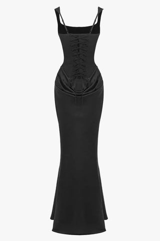 Structured Corset Draped Bodycon Long Dress with Wide Straps