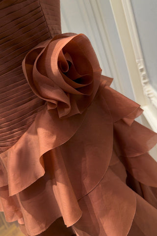 Statement Pleated Strapless Corset Long Dress with Dramatic Ruffles & Floral Detail
