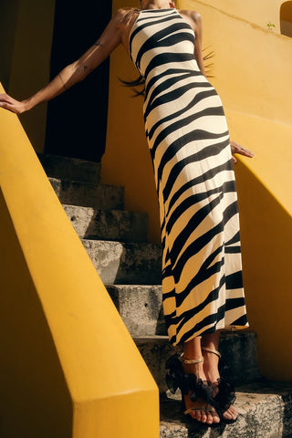 Sleeveless Zebra Print Knit Long Dress with Double Shoulder Straps