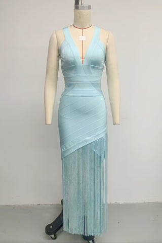 Luxe Sleeveless Fringe Bandage Midi Dress with Deep V-Neck