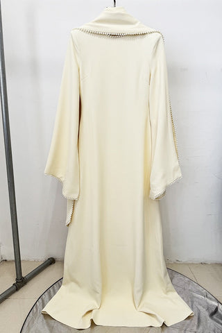 Pearl Trim Minimal Design Dress – Chiffon Material, Long Flared Sleeves
