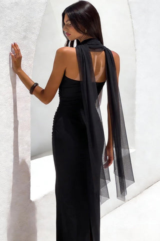Strapless Ruched Slim Fit Long Dress with Mesh Scarf and Back Slit