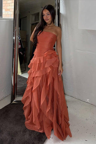 Statement Pleated Strapless Corset Long Dress with Dramatic Ruffles & Floral Detail
