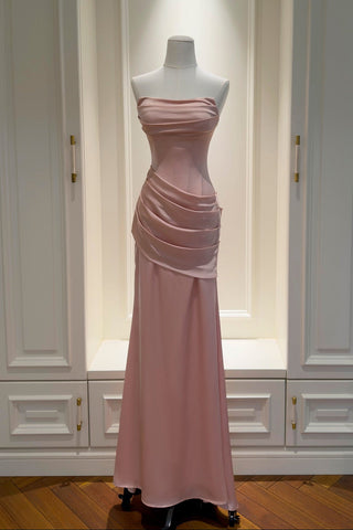 Satin Draped Corset Long Dress with Scarf – Elegant Strapless Design