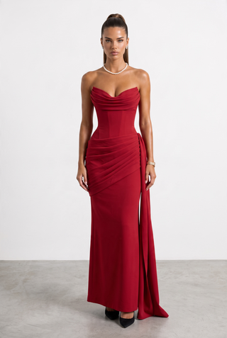 Elegant Strapless Corset Long Dress with Draped Cowl Neckline and Lace-Up Back