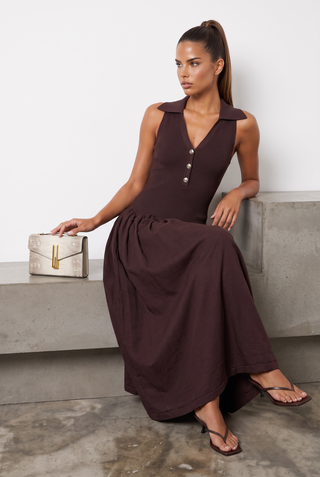 Ribbed Knit Sleeveless Collared V-Neck Long Dress with Gold Buttons & Flared Skirt
