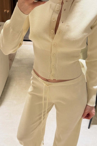 Ribbed Knit Two-Piece Lounge Set – Button Cardigan & Wide-Leg Pants