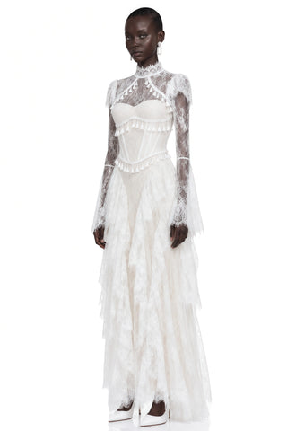 Lace Corset Long Dress with Ruffle Layers & Flared Sleeves