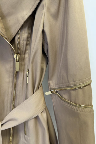 Belted Zip-Detail Long Trench Jacket
