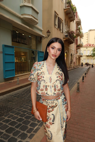 Embroidered Floral Short Sleeve Top & Wrap Midi Skirt Set