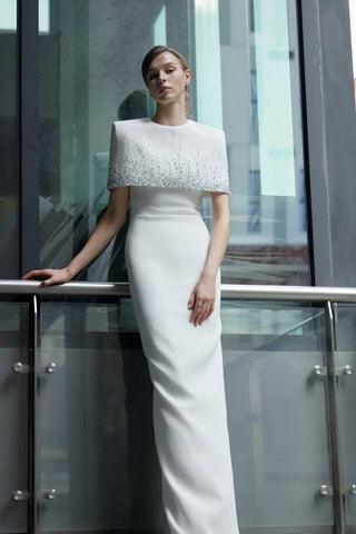 Crystal Embellished Cape Column Long Dress