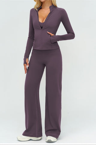3-Piece Women’s Yoga Set – Cropped Tank, Zip Jacket & Wide-Leg Pants Activewear Set