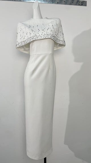 Crystal Embellished Cape Column Long Dress