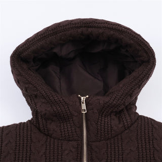 Cable Knit Puffer Jacket with Hood – Warm Padded Winter Coat, Soft Knit Fabric, Long Sleeve