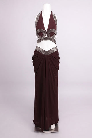 Crystal Embellished Halter Cutout Crop Top & Draped High-Waist Long Skirt Set